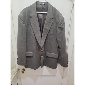 Amana Woolen Mills USA Mens 48R Wool Brown Tweed Blazer Leather Trim Vintage